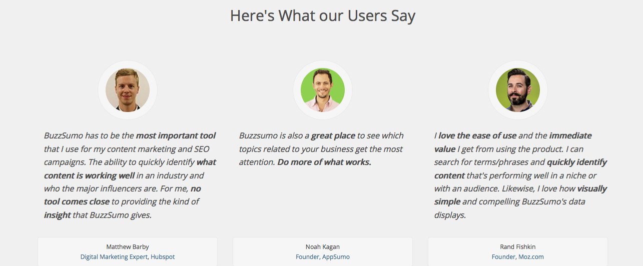 screenshot of the testimonials on buzzsumo homepage