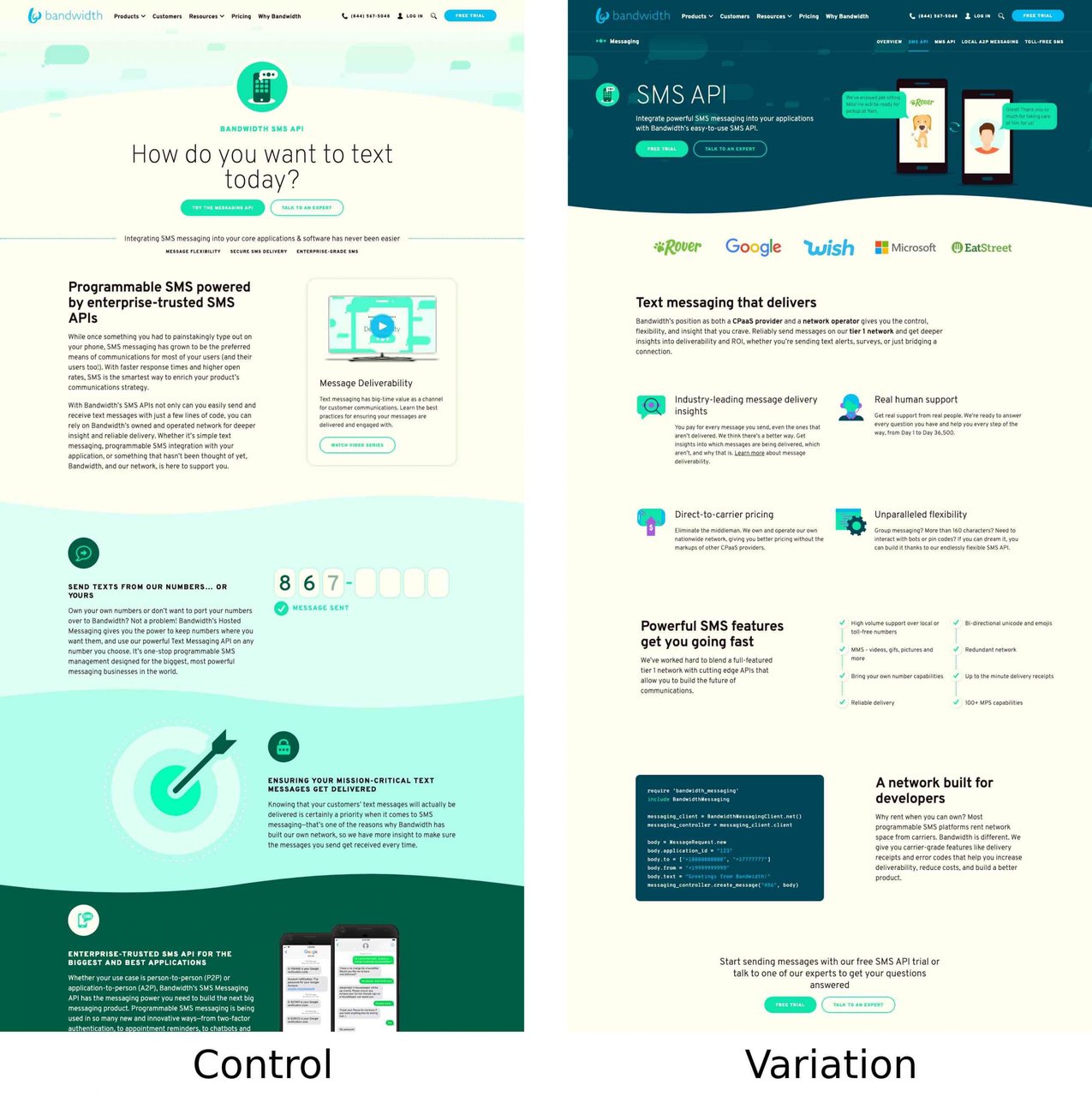 A/B test on bandwidth.com